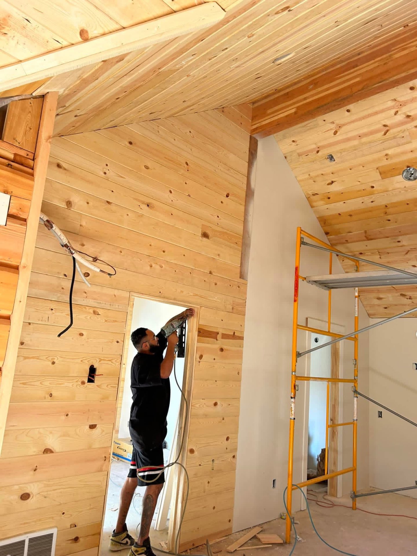 Tongue-and-groove pine ceiling and walls